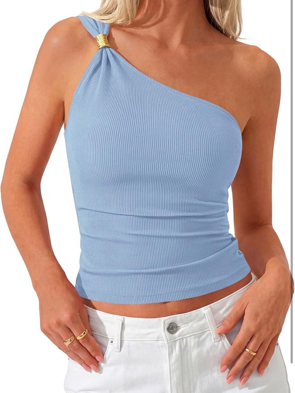 Asymmetric Ribbed One-Shoulder Tank Top in Light Blue